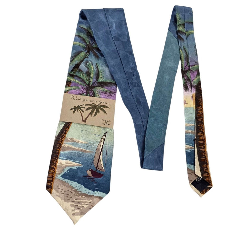 TANGO by MAX RAAB Silk Tropical Beach Sailboat Necktie Blue Purple Men's‎ Hawaii